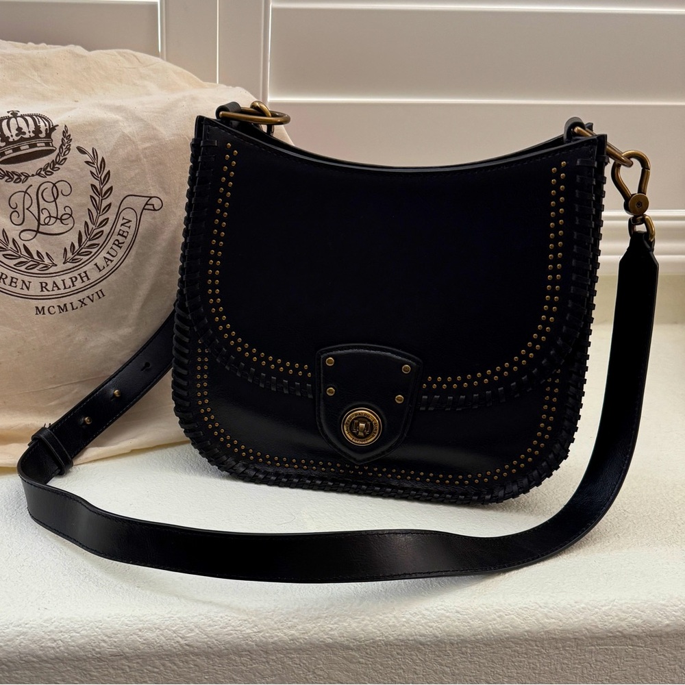 Lauren Ralph Lauren Millbrook Black Leather Whipstitched Saddlebag Crossbody